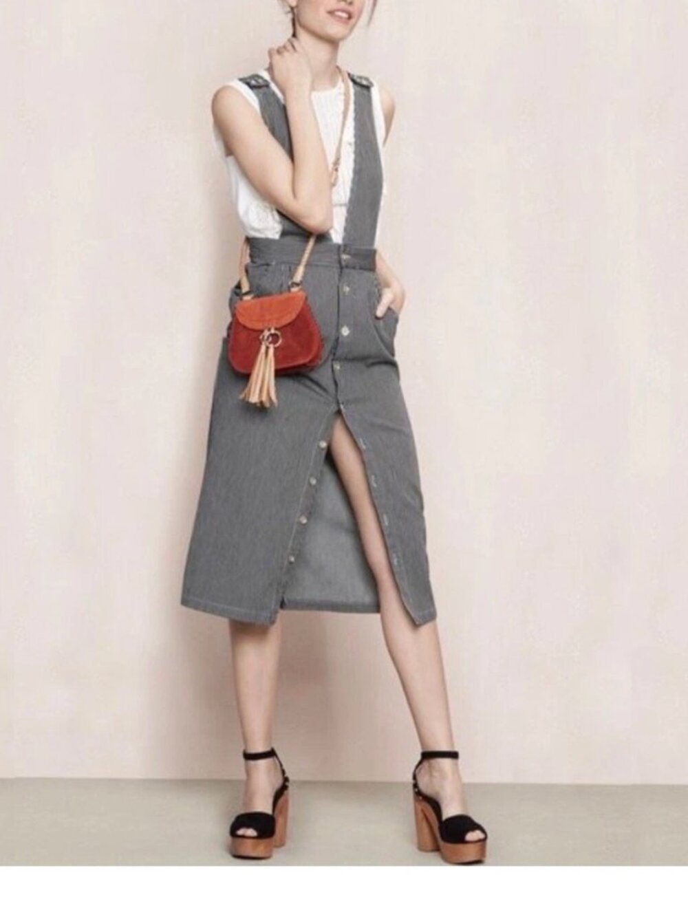 Maje Conductor Stripe Ritano Overall Pinafore Midi Dress L